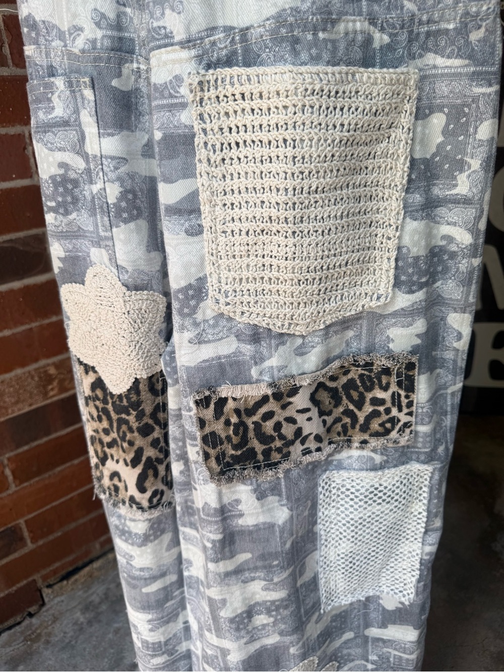 POL Patchwork Crochet Leopard Wide Leg Overalls Boho Jumpsuit L - Picture 8 of 15